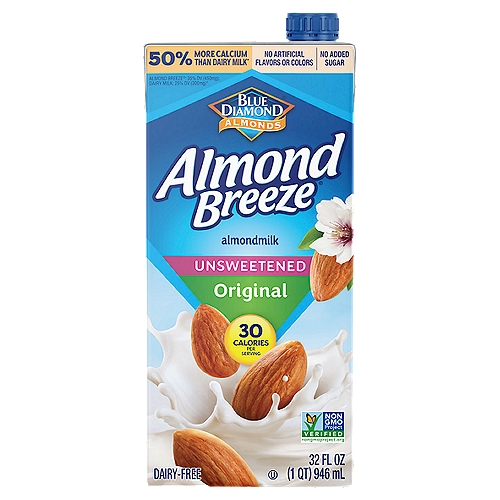 Blue Diamond Almonds Almond Breeze Unsweetened Original Almondmilk, 32 fl oz
50% more calcium than regular dairy milk - Almond Breeze®: 35% DV (450mg); Dairy Milk: 25% DV (300mg)*
*1 cup of regular milk contains 300mg calcium vs 1 cup of Almond Breeze® contains 450mg calcium.