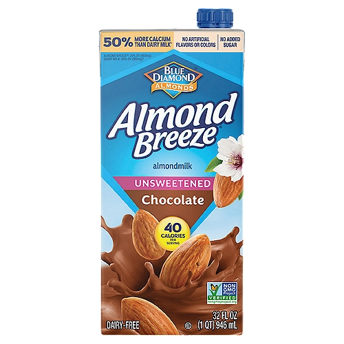 Blue Diamond Almonds Almond Breeze Unsweetened Chocolate Almondmilk, 32 fl oz
Creamy, delicious Almond Breeze® Chocolate Almondmilk is an irresistible treat.

✓ Free of dairy, soy, lactose, cholesterol, peanuts, casein, gluten, eggs, saturated fat and MSG
✓ 50% more calcium than dairy milk*
✓ An excellent source of vitamins D and E
✓ Made with real almonds
✓ Vegan
*1 cup of 2% fat dairy milk contains 30% DV calcium vs. 1 cup of Almond Breeze Unsweetened Chocolate Almondmilk contains 45% DV calcium. Based on 1,000mg calcium recommended daily intake. Milk (01079) data from USDA National Nutrient Database for Standard Reference, Release 28 (2015)