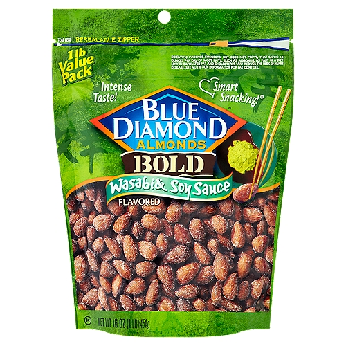 Blue Diamond Almonds Bold Wasabi & Soy Sauce Flavored Almonds Value Pack, 16 oz
Scientific evidence suggests, but does not prove, that eating 1.5 ounces per day of most nuts, such as almonds, as part of a diet low in saturated fat and cholesterol may reduce the risk of heart disease.

Intense taste!

Smart Snacking!®

Consistent Quality, Bold Flavors and Great Value!
Blue Diamond Growers' Wasabi & Soy Sauce almonds are roasted and seasoned with spicy bold flavors, so satisfying that you just can't put them down. Combining the distinctive flavor of Asian-style horseradish with the savory taste of soy sauce, these almonds pack a mouthwatering punch for your snacking enjoyment. And our convenient, resealable bag gives you the option to save some for later - if you can!