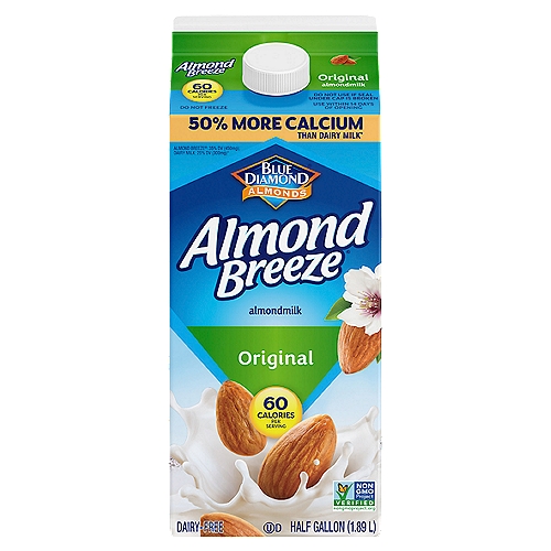 Blue Diamond Almonds Almond Breeze Original Almondmilk, half gallon
Almond Breeze non-dairy almondmilk is delicious in everything, from cereals and smoothies to cooking and baking. Browse our variety of refrigerated and shelf stable almondmilk, including sweetened and unsweetened, vanilla, chocolate, our coconut and banana almondmilk blends, as well as almondmilk creamers and almondmilk yogurts. The best almonds make the best almondmilk.
Made with real California almonds
Free from Dairy, Soy and Lactose
Excellent source of vitamins D & E
50% More Calcium than Milk
Non-GMO Project Verified