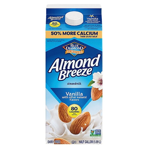 Blue Diamond Almonds Almond Breeze Vanilla Almondmilk, half gallon
Almond Breeze non-dairy almondmilk is delicious in everything, from cereals and smoothies to cooking and baking. Browse our variety of refrigerated and shelf stable almondmilk, including sweetened and unsweetened, vanilla, chocolate, our coconut and banana almondmilk blends, as well as almondmilk creamers and almondmilk yogurts. The best almonds make the best almondmilk. Made with real California almonds
Free from Dairy, Soy and Lactose
Excellent source of vitamins D & E
50% More Calcium than Milk
Non-GMO Project Verified
