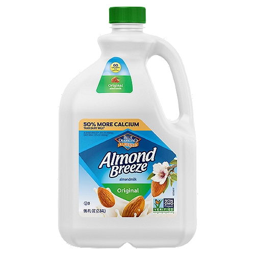 Blue Diamond Almonds Almond Breeze Original Almondmilk, 96 fl oz
✓ 50% more calcium than dairy milk*
* 1 cup of 2% fat dairy milk contains 30% DV calcium vs. 1 cup of Almond Breeze® Original Almondmilk contains 45% DV calcium. Based on 1,000mg calcium recommended daily intake. Mik (01079) data from USDA National Nutrient Database for Standard Reference, Legacy Release, April 2018.