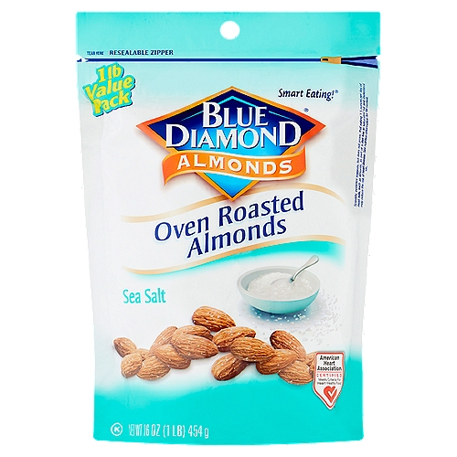 Blue Diamond Almonds Sea Salt Oven Roasted Almonds Value Pack, 16 oz
Smart Eating!®

A handful of almonds a day is a healthy snacking choice!
Oven Roasted almonds are a healthy snack, offering a wonderful blend of delicate flavors and an abundance of nutritional benefits.
Eating almonds as part of your healthy lifestyle also provides you with a satisfying snack that fills you up with fewer calories, and helps with weight management.

6g Total Carbs - 3g Fiber = 3g Net Carbs Per Serving