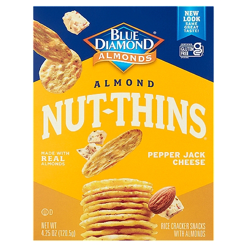 Blue Diamond Almonds Nut-Thins Almond Pepper Jack Cheese Rice Cracker Snacks, 4.25 oz
Handfuls of Fantastic, Flavorful Crunching You Can Feel Good About

We love our almonds so much we baked them into crispy crackers with irresistible flavors. Dig in, dip them, pass them around. It's the ultimate snack with the one and only nutty crunch. Crunch on!!