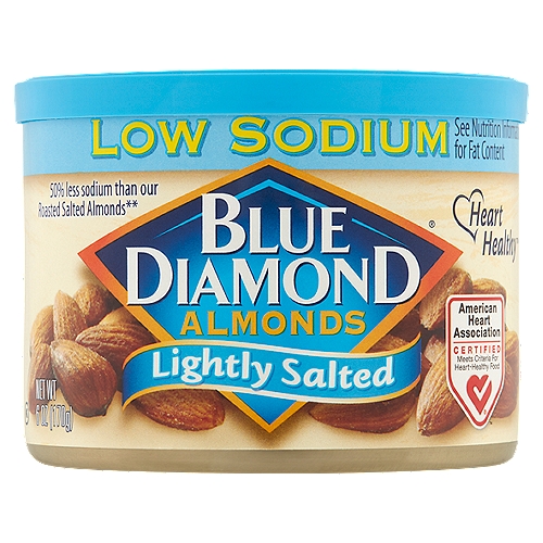 Blue Diamond Low Sodium Lightly Salted Almonds, 6 oz
50% less sodium than our Roasted Salted Almonds**
**Comparison Table:
Sodium Per Serving: Roasted Salted Almonds: 85mg; Lightly Salted Almonds: 40mg