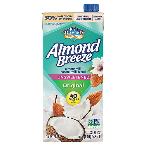 Blue Diamond Almonds Almond Breeze Unsweetened Original Almond Coconut Blend, 32 fl oz
Unsweetened Original Almond Coconut Blend Almondmilk Coconutmilk Blend

50% more calcium than dairy milk*
*1 cup of 2% fat dairy milk contains 30% DV calcium vs. 1 cup of Almond Breeze Unsweetened Original Almondmilk Coconutmilk Blend contains 45% DV calcium. Based on 1,000mg calcium recommended daily intake. Milk (01079) data from USDA National Nutrient Database for Standard Reference, release 28 (2015).