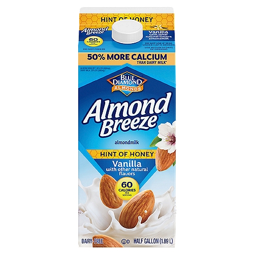 Blue Diamond Almonds Almond Breeze Hint of Honey Vanilla Almondmilk, half gallon
Almond Breeze non-dairy almondmilk is delicious in everything, from cereals and smoothies to cooking and baking. Browse our variety of almondmilk including sweetened and unsweetened as well as vanilla, chocolate and banana.