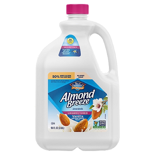 Blue Diamond Almonds Almond Breeze Unsweetened Vanilla Almondmilk, 96 fl oz
✓ 50% more calcium than dairy milk*
* 1 cup of 2% fat dairy milk contains 30% DV calcium vs. 1 cup of Almond Breeze® Unsweetened Vanilla Almondmilk contains 45% DV calcium. Based on 1,000mg calcium recommended daily intake. Milk (01079) data from USDA National Nutrient Database for Standard Reference, Legacy Release, April 2018.