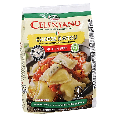 Rosina Celentano Gluten-Free Cheese Ravioli Pasta, 13 oz
A Good Source of Protein & Calcium*
*See nutrition facts for cholesterol content