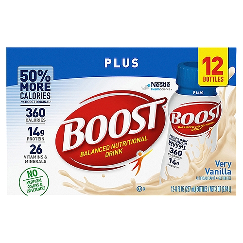 Nestlé Boost Plus Very Vanilla Balanced Nutritional Drink, 8 fl oz, 12 count
Helps Gain or Maintain Weight♦
♦Boost Plus® Balanced Nutritional Drink has 360 calories with 14g protein to help you gain or maintain weight.

3g Prebio1™ prebiotics

CalciLock® blend is a combination of essential nutrients to support bone health. This nutrient blend includes calcium, phosphorus, magnesium, zinc, and vitamins D, C & K to help maintain strong bones.

Prebio1™ is a proprietary blend of prebiotics to help nourish the good bacteria that exist naturally in the gut.

It's Good to Know

Nutritionist View
Research shows that a balanced diet with the right amount of calories can help increase or maintain weight.
Boost Plus® Drink provides 360 nutrient-rich calories with 14g of high quality protein and 26 vitamins & minerals.

Good to Remember
Enjoy the complete and balanced nutrition of Boost Plus® Drink as a snack or with a meal to help meet your daily nutritional needs.

Boost Plus® Drink Contains 360 Calories per Serving Compared to 240 in Boost® Original