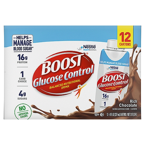Nestlé Boost Glucose Control Rich Chocolate Balanced Nutritional Drink, 8 fl oz, 8 count
Helps Manage Blood Sugar♦
♦Boost Glucose Control® Balanced Nutritional Drink is clinically shown to produce a lower blood sugar response vs. a standard nutritional drink in people with type 2 diabetes. Not a substitute for medication.

Did You Know?
Boost Glucose Control® Drink contains a patented 1:1:1 balanced ratio of total calories from protein, carbs, and fat, and is designed to help manage blood sugar levels as part of a balanced diet.

Balanced nutritional drink to help you be your best!

It's Good to Know
Nutritionist View
Nutrition is an integral part of diabetes management and being able to manage blood sugar level is essential.
Boost Glucose Control® Drink was specifically designed with a patented blend of protein, carbohydrates and fat to help manage blood sugar levels as part of a balanced diet.

Good to Remember
Incorporate Boost Glucose Control® Drink into a balanced diet as part of a medically supervised diabetes management plan.

Key Nutrients for Immune Support - Vitamins C & D Zinc, Iron & Selenium
Discover key nutrients found in Boost® nutritional drinks to help support the immune system
