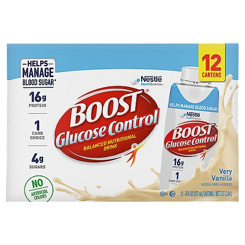 Nestlé Boost Glucose Control Very Vanilla Balanced Nutritional Drink, 8 fl oz, 12 count
Helps Manage Blood Sugar♦
♦Boost Glucose Control® Balanced Nutritional Drink is clinically shown to produce a lower blood sugar response vs. a standard nutritional drink in people with type 2 diabetes. Not a substitute for medication.

Did You Know?
Boost Glucose Control® Drink contains a patented 1:1:1 balanced ratio of total calories from protein, carbs, and fat, and is designed to help manage blood sugar levels as part of a balanced diet.

Balanced nutritional drink to help you be your best!

It's Good to Know
Nutritionist View
Nutrition is an integral part of diabetes management and being able to manage blood sugar level is essential.
Boost Glucose Control® Drink was specifically designed with a patented blend of protein, carbohydrates and fat to help manage blood sugar levels as part of a balanced diet.

Good to Remember
Incorporate Boost Glucose Control® Drink into a balanced diet as part of a medically supervised diabetes management plan.

Key Nutrients for Immune Support - Vitamins C & D Zinc, Iron & Selenium
Discover key nutrients found in Boost® nutritional drinks to help support the immune system