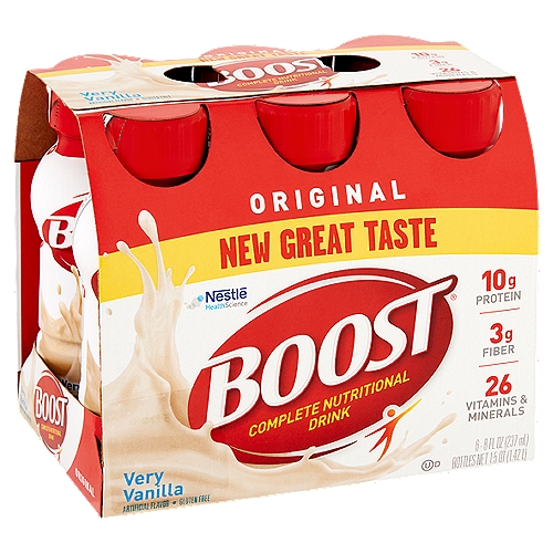 Nestlé Boost Original Very Vanilla Complete Nutritional Drink, 8 fl oz, 6 count
Make great tasting Boost® nutritional drinks part of your day. Boost® Original Drink has 26 vitamins & minerals, 10g of protein, 3g of Prebio(1)™ fibers and Calcilock® blend of essential nutrients to help maintain strong bones.

Calcilock® blend is a combination of essential nutrients to support bone health. This nutrient blend includes calcium, phosphorous, magnesium, zinc, and vitamins D, C & K to help maintain strong bones.

Prebio(1)™ is a proprietary blend of prebiotic fibers to help promote the growth of beneficial intestinal bacteria to support digestive health.

Suitable for Lactose Intolerance**
**Not for individuals with galactosemia

Nutritionist View
Choosing nutrient-rich foods and beverages contributes to a healthy lifestyle, and provides the nutrition that's essential for daily living.
Boost® Original Drink provides 26 vitamins and minerals plus 10g of protein and 3g of fiber to help you be your best!

Good To Remember
Heave a Boost® Original Drink as a nutritious snack or mini meal to help meet your daily nutritional needs