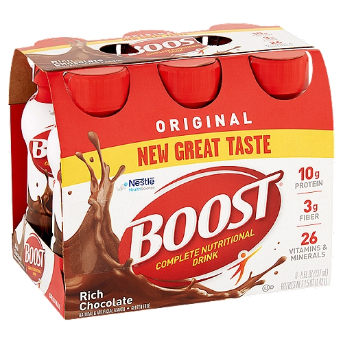 Nestlé Boost Original Rich Chocolate Complete Nutritional Drink, 8 fl oz, 6 count
Make great tasting Boost® nutritional drinks part of your day.
Boost® Original Drink has 26 vitamins & minerals, 10g of protein, 3g of Prebio(1)™ fibers and Calcilock® blend of essential nutrients to help maintain strong bones.

CalciLock® blend is a combination of essential nutrients to support bone health. This nutrient blend includes calcium, phosphorus, magnesium, zinc, and vitamins D, C & K to help maintain strong bones.

Prebio(1)™ is a proprietary blend of prebiotic fibers to help promote the growth of beneficial intestinal bacteria to support digestive health.

Suitable for lactose intolerance**
**Not for individuals with galactosemia

Nutritionist View
Choosing nutrient-rich foods and beverages contributes to a healthy lifestyle, and provides the nutrition that's essential for daily living.
Boost® Original Drink provides 26 vitamins and minerals plus 10g of protein and 3g of fiber to help you be your best!

Good to Remember
Have a Boost® Original Drink as a nutritious snack or mini meal to help meet your daily nutritional needs.
