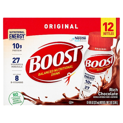 Nestlé Boost Original Rich Chocolate Balanced Nutritional Drink, 8 fl oz, 12 count
Nutritional energy♦
♦Boost® Original Balanced Nutritional Drink is designed to provide nutritional energy with 240 nutrient-rich calories and 8 B-vitamins to help convert food to energy.

CalciLock® blend is a combination of essential nutrients to support bone health. This nutrient blend includes calcium, phosphorus, magnesium, zinc, and vitamins D, C & K to help maintain strong bones.

Prebio1™ is a proprietary blend of prebiotics to help nourish the good bacteria that exist naturally in the gut.

It's Good to Know
Nutritionist View
Research shows that deficiency of B-vitamins can cause tiredness and fatigue.
Boost® Original Drink provides 27 vitamins & minerals including 8 B-vitamins to help convert food to energy with 10 g protein and 3 g prebiotics to help you be your best!

Good to Remember
Enjoy the complete and balanced nutrition of Boost® Original Drink as part of your daily diet.