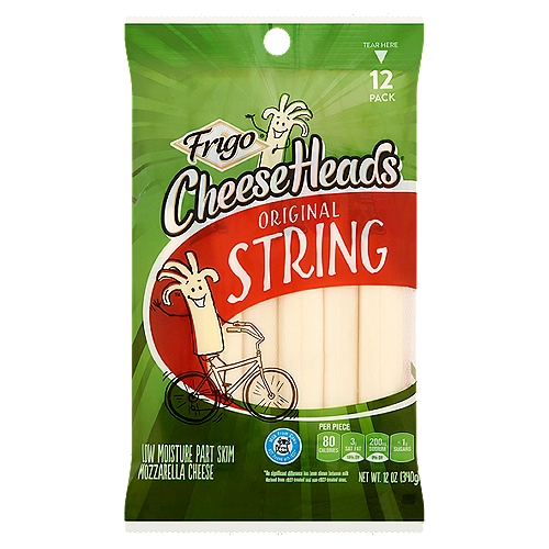 Frigo Cheese Heads Original String Cheese, 12 count, 12 oz
Low Moisture Part Skim Mozzarella Cheese

Milk from cows not treated with rBST*
*No significant difference has been shown between milk derived from rBST-treated and non-rBST-treated cows.