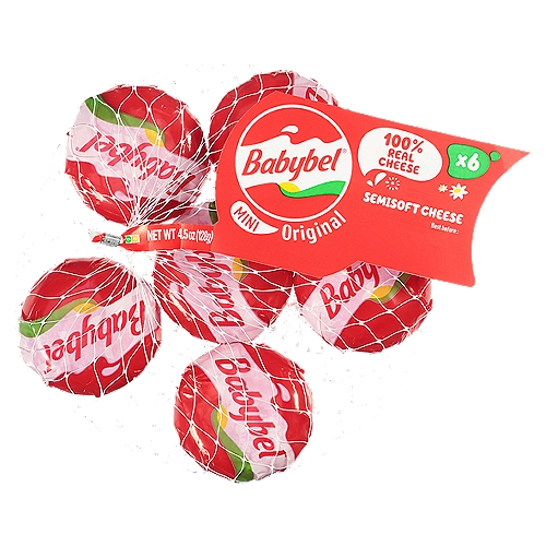 Babybel Mini Original Semisoft Cheese, 6 count, 4.5 oz
No Artificial Growth Hormones*, Artificial Colors, Flavors or Preservatives
*No significant difference has been shown between milk derived from rBST-treated and non-rBST treated cows.