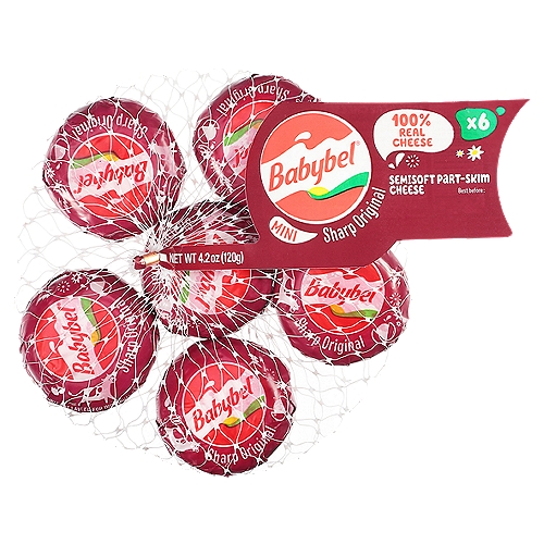 Babybel Mini Sharp Original Semisoft Part-Skim Cheese, 6 count, 4.2 oz
No Artificial Growth Hormones*, Artificial Colors, Flavors or Preservatives
*No significant difference has been shown between milk derived from rBST-treated and non-rBST treated cows.