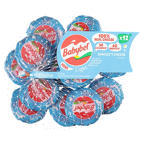 Babybel Mini Light Semisoft Cheese, 12 count, 9 oz
50 Calorie*
6G Protein*
No Artificial Growth Hormones* Artificial Colors, Flavors or Preservatives
*Per serving
*No significant difference has been shown between milk derived from rBST-treated and non-rBST treated cows.