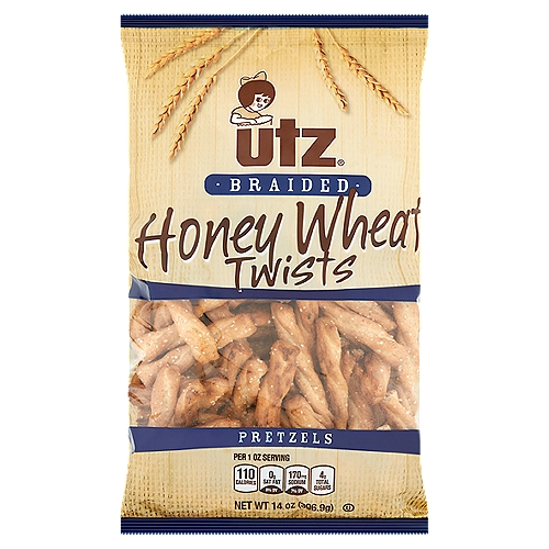 Utz Braided Honey Wheat Twists Pretzels, 14 oz
Try the great taste of Utz® Braided Honey Wheat Twists Pretzels: a delectable combination of sweet honey and wholesome wheat in a braided twist shape. And, with only 1.5 grams of fat per serving...a guilt-free snacking option. As with all Utz® products we guarantee its freshness and quality.