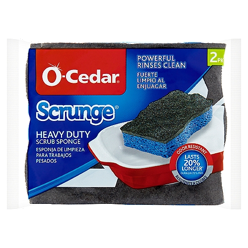 Patented Scrunge® SurfacenThis Scrunge® Heavy Duty Scrub Sponge features a patented, durable 3-D scrubber that won't fray or pill and will last 20% longer than regular scrub sponges. It effectively breaks-up dirt then rinses clean to help eliminate odors. Extra-thick and thirsty sponge quickly wipes surfaces clean.