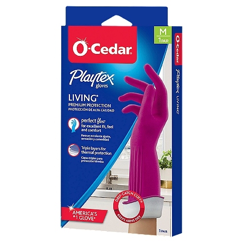 O-Cedar Playtex Living Premium Protection Gloves, M, 1 pair
Worry-free cleaning at your fingertips with the #1 reusable household gloves*. O-Cedar® Playtex® Living® Gloves are durable, reusable, and provide the ultimate protection from water and harmful household chemicals. Designed with a Drip-Catch Cuff®, the extra-long pair is specially designed to keep arms and clothing dry. They're complete with Ultra-Fresh® technology to inhibit bacteria growth and lingering odors on the glove.
*The Playtex Living #1 Glove claim is based on IRI, Total US MULO, L52 wks 08/08/21