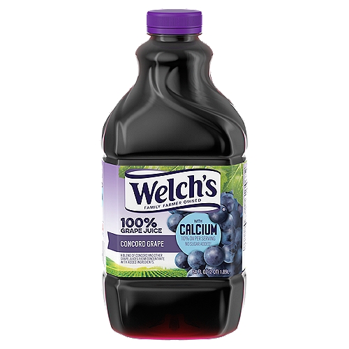 Welch's Concord 100% Grape Juice, 64 fl oz
A Blend of Concord and Other Grape Juices from Concentrate with Added Ingredients.

Non GMO††
†† Not made with genetically modified ingredients.

2 servings of fruit in every 8 oz glass*
* 2 servings of fruit per 8 oz glass equals 1 cup of fruit.