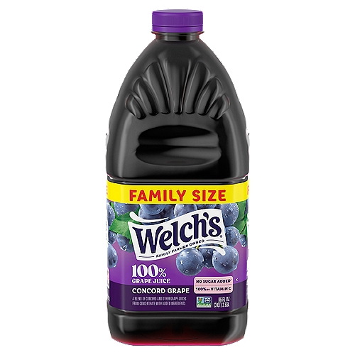 Welch's Concord 100% Grape Juice Family Size, 96 fl oz
A Blend of Concord and Other Grape Juices from Concentrate with Added Ingredients.

No sugar added†
† Not a low calorie food. See nutrition facts for sugar and calorie content.

Non GMO††
†† Not made with genetically modified ingredients.

2 servings of fruit in every 8 oz. glass equals 1 cup of fruit.