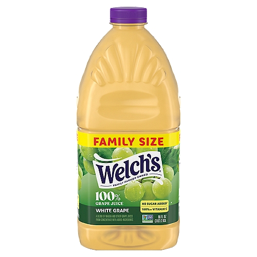 Welch's 100% White Grape Juice Family Size, 96 fl oz
A Blend of Niagara and Other Grape Juices from Concentrate with Added Ingredients.

No Sugar Added†
† Not a low calorie food. See Nutrition Facts for sugar and calorie content.

Non GMO††
††Not made with genetically modified ingredients.

2 servings of fruit in every 8 oz. glass equals 1 cup of fruit.