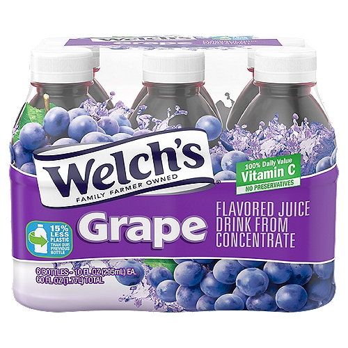 Welch's Grape Drink, 10 fl oz On-the-Go Bottle (Pack of 6)
Grape Flavored Juice Drink from Concentrate

A delicious grape drink, in a perfect on-the-go size. Every bottle of Welch's Grape Drink provides 100% daily value of Vitamin C, with no artificial flavors, red 40 or preservatives. And you can feel great about buying Welch's, because we're owned by farmer families who have been farming their land for as many as seven generations. This is a 6 pack of 10 fl. oz. bottles, each perfect to enjoy on the go.