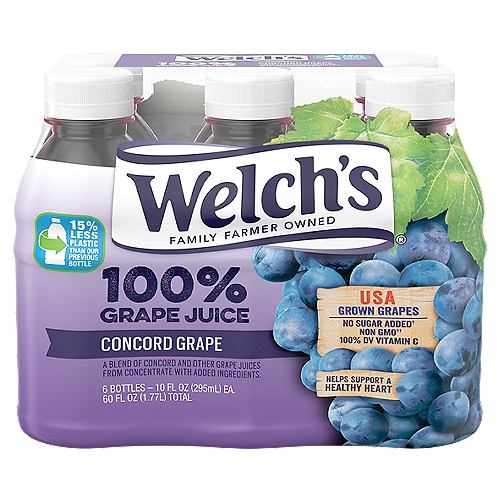Welch's 100% Grape Juice, Concord Grape, 10 fl oz On-the-Go Bottle (Pack of 6)
A Blend of Concord and Other Grape Juices from Concentrate with Added Ingredients.

No Sugar Added†
† Not a Low Calorie Food. See Nutrition Facts for Sugar and Calorie Content.

Non GMO††
††Not Made with Genetically Modified Ingredients

2 Servings of Fruit in Every Bottle, 2 Servings of Fruit (Per 8 Oz. Glass) = 1 Cup of Fruit

Welch's 100% Grape Juice delivers the bold, delicious taste of Concord grapes in every glass. Not to mention that it helps support a healthy heart thanks to the Concord grape, an original American superfruit. You can trust the wholesome goodness of Welch's: There's two servings of fruit and 100% Daily Value of Vitamin C per 8 oz. serving, with no added sugar, flavors, colors or preservatives. And you can feel great about buying Welch's 100% Grape Juice, because 100% of our profits go to the small American family farmers who grow the grapes. This is a 6 pack of 10 fl. oz. bottles, each perfect to enjoy on the go.