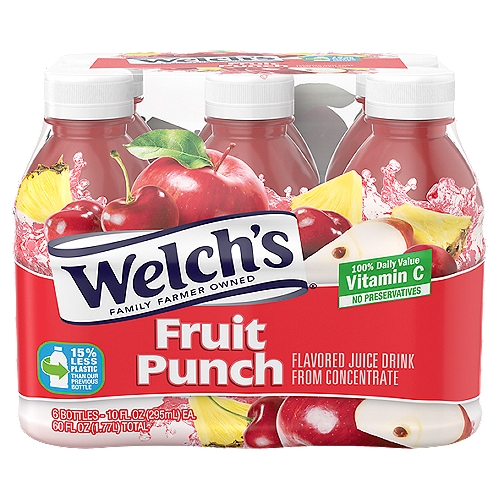 Flavored Juice Drink from ConcentratennA delicious fruit punch drink, in a perfect on-the-go size. Every bottle of Welch's Fruit Punch Drink provides 100% daily value of Vitamin C, with no artificial flavors, red 40 or preservatives. And you can feel great about buying Welch's, because we're owned by farmer families who have been farming their land for as many as seven generations. This is a 6 pack of 10 fl. oz. bottles, each perfect to enjoy on the go.