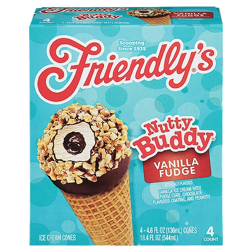 Friendly's Nutty Buddy SuperScoops Vanilla Fudge Ice Cream, 4.6 fl oz, 4 count
Vanilla Ice Cream with Fudge Core, Chocolate Flavored Coating Covered in Peanuts