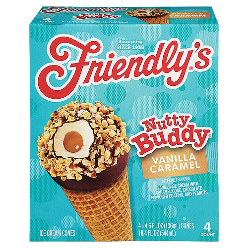 Friendly's Nutty Buddy SuperScoops Vanilla Caramel Ice Cream, 4.6 fl oz, 4 count
Vanilla Ice Cream with Caramel Core, Chocolate Flavored Coating Covered in Peanuts
