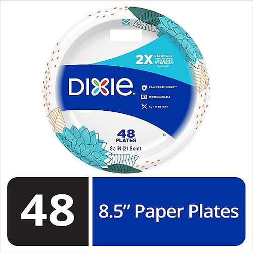 DIXIE® EVERYDAY PRINTED PAPER PLATES, 8 1/2 IN PLATES, 48CT
Dixie® Everyday plates and bowls are versatile and affordable, so you can focus on your day and not the dishes.

Soak Proof Shield™

2x stronger*
* than the leading comparable store brand paper plate