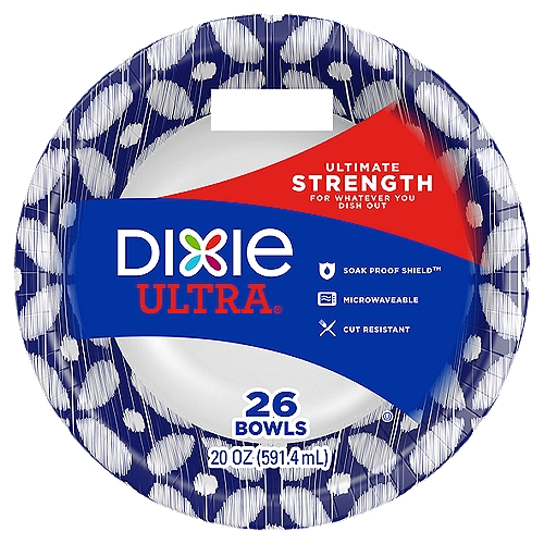 DIXIE ULTRA® HEAVY DUTY 20OZ DISPOSABLE PAPER BOWLS, 26 COUNT
Dixie Ultra® plates and bowls will handle your heavy, messy meals, so you can focus on great conversation and not the dishes.

Soak Proof Shield™