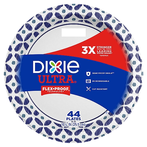 DIXIE® ULTRA PRINTED PAPER PLATES, 10 1/16 IN PLATES, 44CT
Dixie Ultra® plates and bowls will handle your heavy, messy meals, so you can focus on great conversation and not the dishes.

3x Stronger VS. Leading Store Brand*
*Paper Plate

Soak Proof Shield™
Flex•Proof® Technology