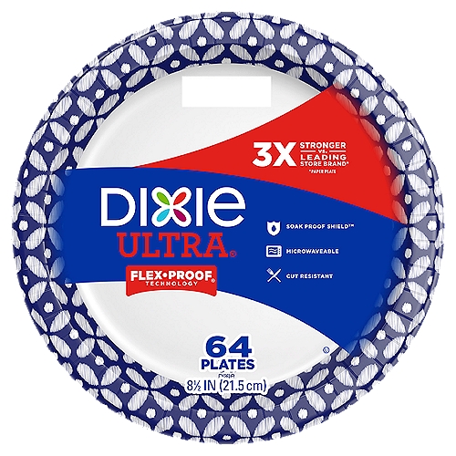DIXIE® ULTRA PRINTED PAPER PLATES, 8 1/2 IN PLATES, 64CT
Dixie Ultra® plates and bowls will handle your heavy, messy meals, so you can focus on great conversation and not the dishes.

Soak Proof Shield™

Flex-Proof® Technology