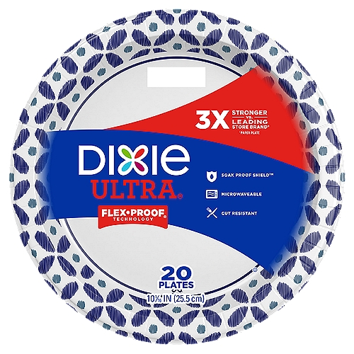 DIXIE® ULTRA PRINTED PAPER PLATES, 10 1/16 IN PLATES, 20CT
Dixie Ultra® plates and bowls will handle your heavy, messy meals, so you can focus on great conversation and not the dishes.

3x Stronger vs. Leading Store Brand*
*Paper Plate

Soak Proof Shield™

Flex•Proof® Technology