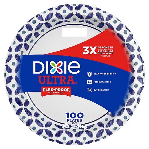 DIXIE® ULTRA PRINTED PAPER PLATES, 10 1/16 IN PLATES, 100CT
Dixie Ultra® plates and bowls will handle your heavy, messy meals, so you can focus on great conversation and not the dishes.

3x Stronger vs. Leading Store Brand*
*Paper Plate

Soak Proof Shield™

Flex Proof® - Technology