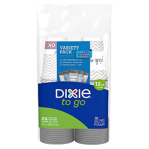 DIXIE TO GO® PRINTED PAPER CUPS WITH LIDS, 12OZ HOT CUPS, 312 COUNT
Dixie® to go cups and lids are reliably designed to go with you, so you can enjoy your day without being distracted by spills or messes.

PerfecTouch® cup with non-slip grip