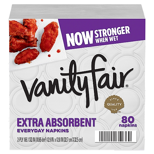 VANITY FAIR® EXTRA ABSORBENT NAPKINS, DISPOSABLE WHITE PAPER NAPKINS, 80 COUNT
Versatile in use and in style, these extra absorbent napkins are ready to clean up any kind of mess. Engineered with advanced technology for enhanced absorption, our 2-ply napkins are made to look stylish and classic, taking on anything from syrupy pancake breakfasts to saucy spaghetti dinners. Ideal for hosting friends and family, these durable, extra absorbent yet soft napkins are perfect for setting the table on any occasion.

Now you can enhance even the messiest meal with the great look of Vanity Fair® Everyday Extra Absorbent Napkins.