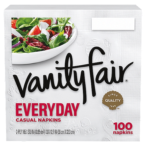 VANITY FAIR® EVERYDAY CASUAL NAPKINS, DISPOSABLE WHITE PAPER NAPKINS, 100 COUNT
Add elegance to breakfast and make dinnertime a little more stylish with Vanity Fair® Everyday casual paper napkins. These 2-ply napkins have a smooth, cloth-like texture and our signature shell design emboss that add a special touch to any meal. Vanity Fair® Everyday casual paper napkins are a great choice for family meals, snacking, lunch boxes, casual parties, and picnics.

Vanity Fair® Everyday Napkins, the perfect companion for any meal.
Featuring a smooth, cloth-like texture, our 2-ply napkins are made to look stylish and classic taking on anything from breakfast to dinner and everything in between.