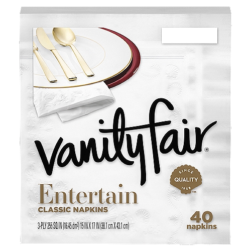 Soft and strong, elegant and practical, premium Vanity Fair Entertain paper dinner napkins transform an ordinary meal into an extraordinary one. These large napkins have a smooth, cloth-like texture and are ideal for setting a beautiful table, fanning a stack on a buffet, or wrapping silverware for serving. High-quality and absorbent, these 3-ply paper napkins help make entertaining effortless and inviting for the host and the guest.nnTurn your ordinary meal into an extraordinary meal with Vanity Fair® Entertain Napkins. nnImpress your guests and family with this simple, yet elegant accompaniment for those special entertaining occasions. Featuring beautifully detailed embossing and a smooth, cloth-like texture, our 3-ply napkins are exceptionally versatile and 50 percent larger than Vanity Fair® everyday napkins.