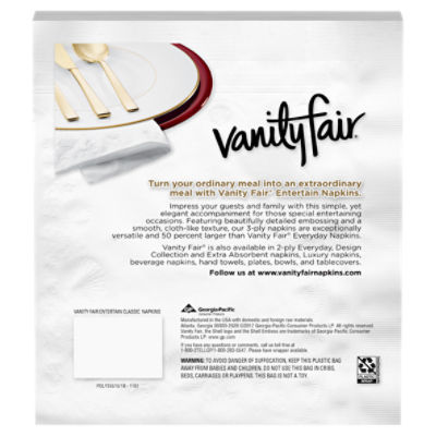 Vanity Fair Entertain Disposable Paper Napkins, White, 40 Count 