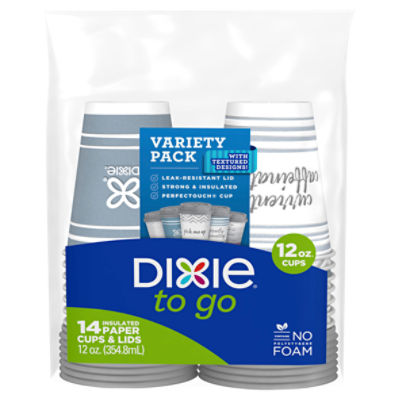 DIXIE TO GO® PRINTED PAPER CUPS WITH LIDS, 12OZ HOT CUPS, 14CT