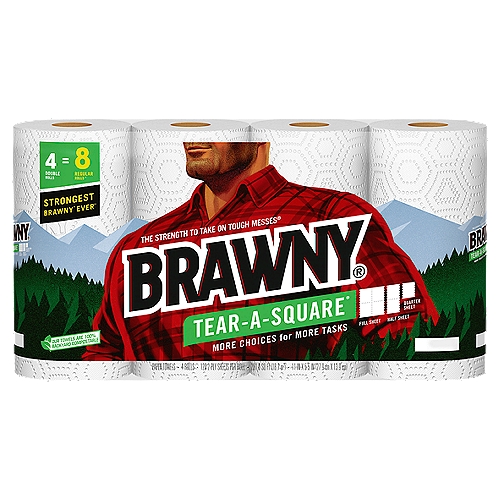 Brawny® Tear-A-Square® paper towels with quarter (1/4) sheets offers three sheet size options so you can use just what you need. With the option of a quarter sheet, half sheet, or full sheet on each Brawny® Tear-A-Square® paper towel roll, you can choose the right paper towel sheet size to suit your needs. Like all other Brawny® paper towel products, Brawny® Tear-A-Square® 2-ply premium white paper towels are strong, durable, and absorbent. Use the quarter sheet size for small spills and quick clean-ups, to place snacks, as a napkin or a coaster. Brawny® Tear-A-Square® paper towels - the strength of Brawny® for messes big, small and anywhere in between.nn4 Double Rolls = 8 Regular Rolls*n*Based on Brawny® Regular Roll with 60 SheetsnnStrongest Brawny® Ever**n**When Wet vs. All Previous 2-Ply Brawny® Paper TowelsnnThe Strength to Take on Tough Messes®