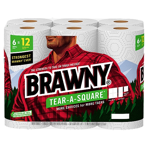 Brawny® Tear-A-Square® paper towels with quarter (1/4) sheets offers three sheet size options so you can use just what you need. With the option of a quarter sheet, half sheet, or full sheet on each Brawny® Tear-A-Square® paper towel roll, you can choose the right paper towel sheet size to suit your needs. Like all other Brawny® paper towel products, Brawny® Tear-A-Square® 2-ply premium white paper towels are strong, durable, and absorbent. Use the quarter sheet size for small spills and quick clean-ups, to place snacks, as a napkin or a coaster. Brawny® Tear-A-Square® paper towels - the strength of Brawny® for messes big, small and anywhere in between.