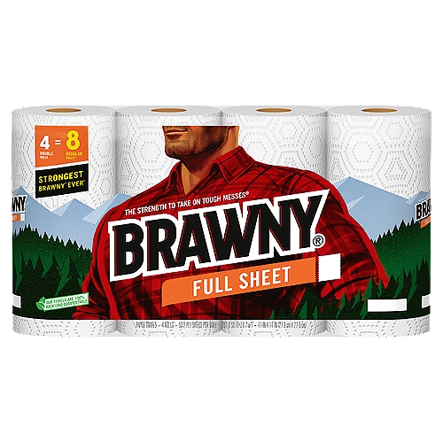 BRNY TWL 4D 60/6/4 WH CS FS
When you've got a tough mess on your hands choose Brawny full sheet 2-ply premium paper towels. Brawny full sheet paper towels are strong, durable, and absorbent—perfect for cleaning up bigger messes.

4 Double Rolls = 8 Regular Rolls*
*Based on Brawny® Regular Roll with 60 Sheets

Strongest Brawny ever**
**When Wet vs. All Previous 2-Ply Brawny® Paper Towels

The Strength to Take on Tough Messes®