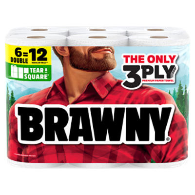 Brawny Tear-a-Square 3-Ply Paper Towels, 6 Double Rolls, 76 Sheets Per Roll